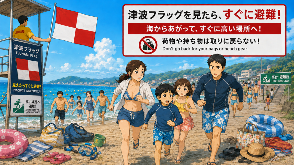 津波フラッグを見たらすぐに海から上がる